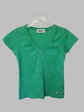 Women's Green Cherry Print Deep V-Neck Tee 100% Cotton Petite XS Estimated